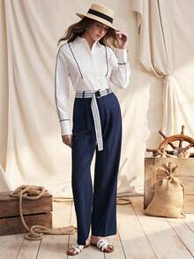 Zovinel 优雅藏蓝色直筒系带休闲裤，纯色女士办公服饰 - 藍色 - 查看 7