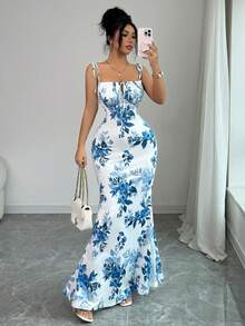 Elenzga 新款吊带弹力针织印花美人鱼下摆双面连衣裙，优雅性感度假百搭长裙，女士 - 彩色 - 查看 1