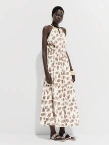 Lumivelle Women's Vacation Cashew Floral Print Ruffle Hem Halter Neck Dress - Apricot - View 3