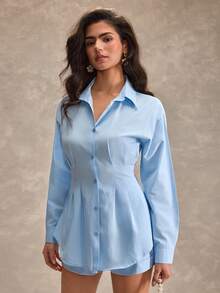 CLARA VERO Bộ áo sơ mi cài cúc phía trước và quần short cạp cao, dáng rộng, tay dài, đa năng, phù hợp mặc hàng ngày hoặc đi ăn trưa. Chất liệu polyester nhẹ, không co giãn, có đường viền gấu quần gập đôi gọn gàng. - Màu xanh lam - Xem 6