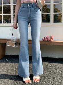 DAZY 女士优雅水洗喇叭牛仔裤，春季必备 - 中等水洗藍 - 查看 5