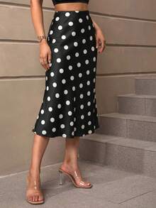 SHEIN BAE 女士波点印花高腰优雅鱼尾裙，夏季女装 - 黑色 - 查看 5