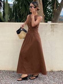 Livesso Vestido de mezclilla de unicolor con cintura ceñida y cuello en V sin mangas para mujeres - Café - Ver 4