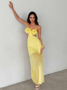 Aloruh Women's Solid Yellow 3D Floral Strap Dress, Spring/Summer - Yellow - View 6