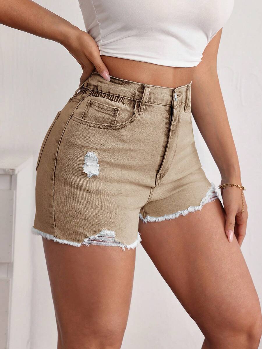 SHEIN Frenchy 女士高腰带口袋破洞毛边休闲牛仔短裤 - 卡其色 - 查看 1