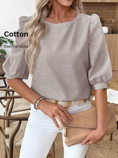 EMERY ROSE Women's Casual Commuter Office Brunch Blue And White Striped Lantern Sleeve Shirt Autumn