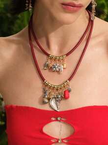 Glisma 1 件欧美风格手工奢华几何叶鱼吊坠 PU 皮绳多层项链，适合女士，优雅设计 - 多層項鍊 - 查看 1