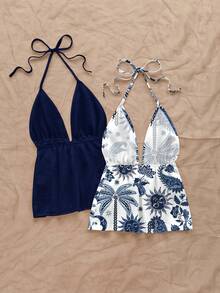 Soleia 2pcs Women Casual Backless Halter Sunflower & Coconut Tree Print Tie Front Camisole Set, Suitable For Summer, Beach, Chic, Travel, Matching Sister Outfits - Multicolor - View 2