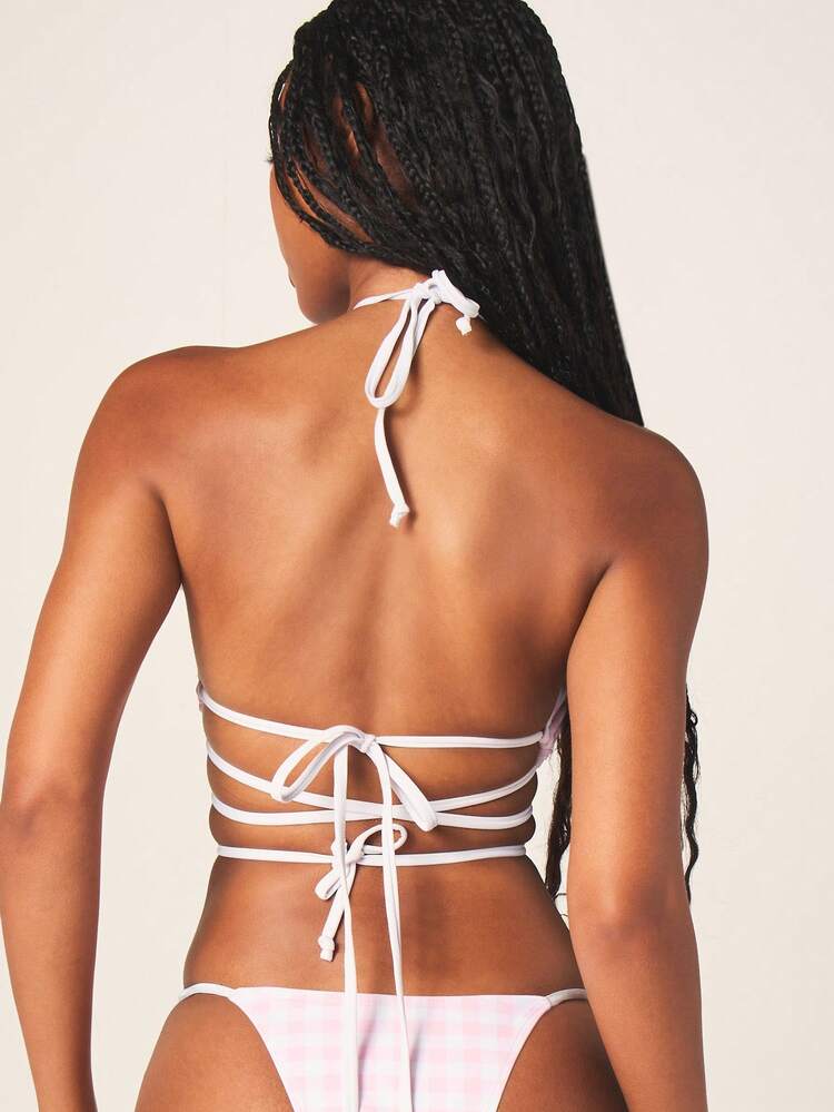 MISSGUIDED Top de bikini con lazo de cuadros , espalda con cordones y escote en forma de corazón, traje de baño de verano para la playa