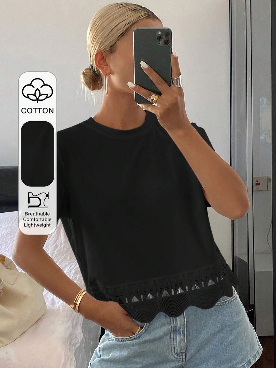 DAZY 女士纯色修身圆领短袖蕾丝拼接休闲夏季上衣T恤 - 黑色 - 查看 1