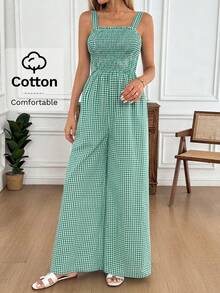 Easowa Women's Green Plaid Cotton Jumpsuit, Chest Shirred Design, Suitable For Romantic, Countryside, Casual Vacations And Daily Casual Wear, Spring/Summer Vacation/Boho/Sexy - Multicolor - View 5