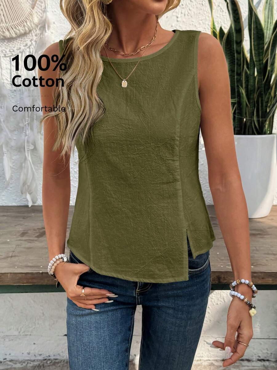 EMERY ROSE Camiseta de tirantes casual de mujer con cuello redondo y dobladillo asimétrico de unicolor - Verde militar - Ver 1