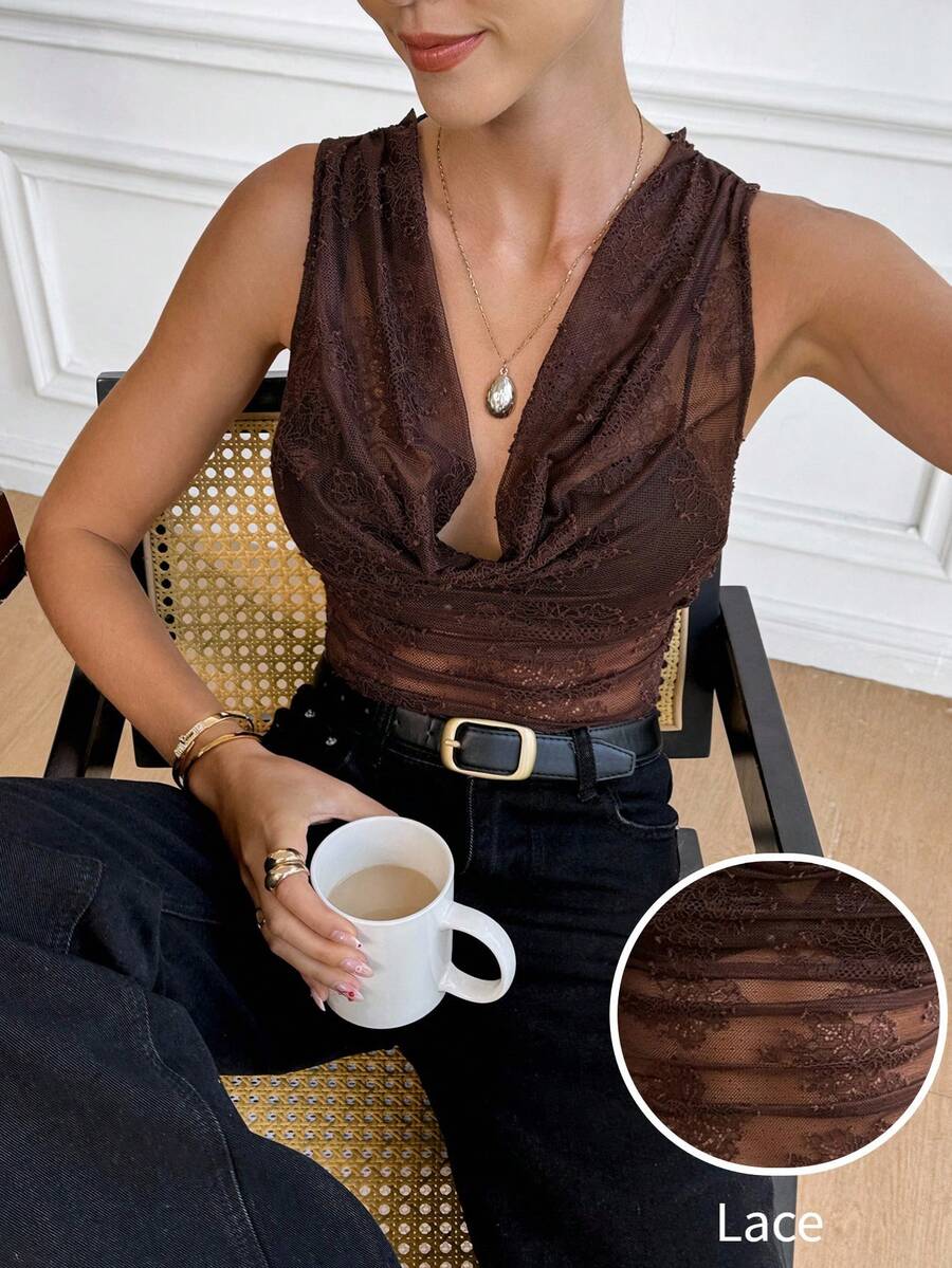 Serisse 女士时尚深V领半透明网纱背心 - 棕色 - 查看 1