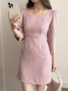 DAZY Square Neck Elegant Dress For Women Summer - Pink - View 4