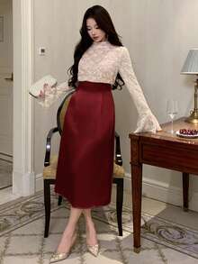DAZY Đầm dài dáng ôm thanh lịch phối ren tương phản màu sắc, thích hợp cho mùa xuân/hè, phù hợp cho ngày Valentine, đám cưới, tiệc tùng, các dịp trang trọng, hoặc mặc đi làm. - Màu Đỏ Sâu - Xem 5