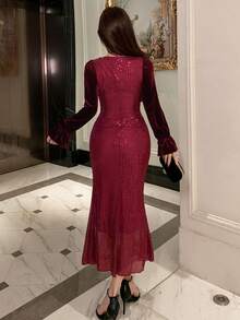 DAZY Đầm midi dài tay đính sequin cho nữ - Màu Đỏ Sâu - Xem 2