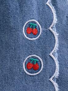 Genkimix Kids Bộ 2 món cho bé gái mùa hè, màu mơ, chất liệu vải dệt họa tiết, cổ áo kiểu chắp vá hình trái tim và chân váy denim có bèo nhún, thêu hình quả anh đào, kiểu dáng vintage dễ thương. - Hồng - Xem 8