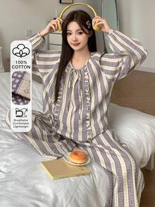 DAZY 2pcs Sweet Plaid & Ditsy Floral Ruffle Trim Long Sleeve Top And Pants Pajama Set, Spring/Autumn - Purple - View 5