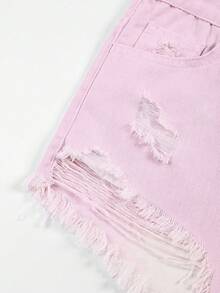 SHEIN EZwear Summer Casual Washed Distressed Denim Shorts - Hot Pink - View 5