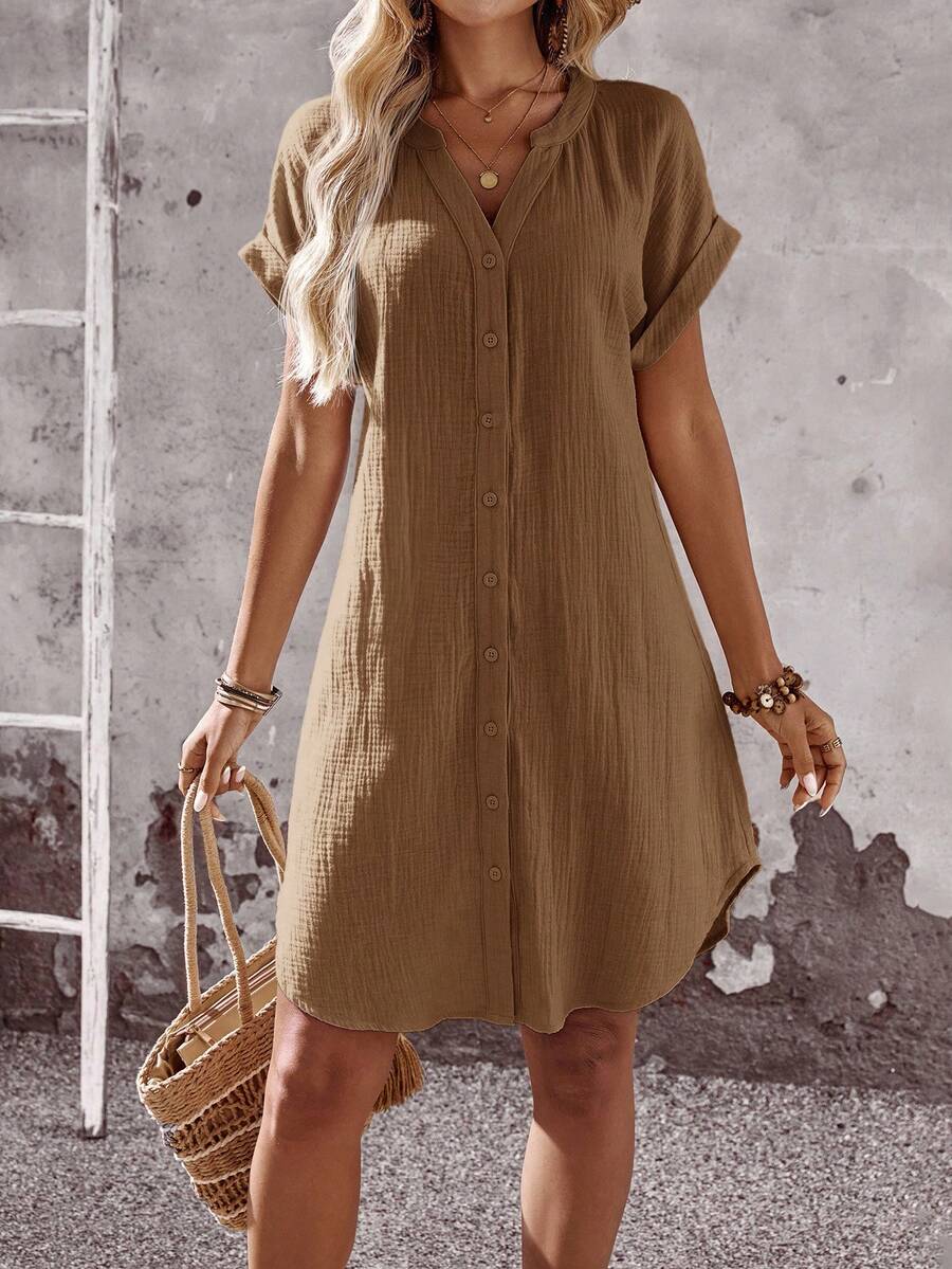 EMERY ROSE Đầm ngắn nữ màu trơn dáng suông, đầm hè cài cúc, đầm kaki, đầm hè thường ngày, đầm ngắn tay, đầm nâu hè, đầm hè thường ngày. - Cà phê nâu - Xem 1