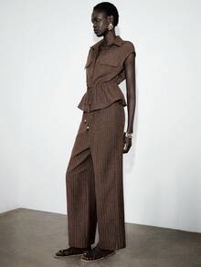 Lumivelle Women's Shirt Collar Faux Pocket Cinched Waist Top + Elastic Waist Wide Leg Pants 2 Pieces Set Brown Set Women - Brown - View 3