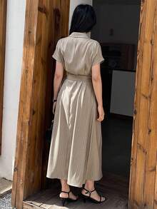 DAZY Women's Casual Vacation & Commute Striped Print Batwing Sleeve Belted Long Dress Sundress - Khaki - View 3