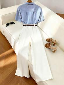 Airaco 2pcs Casual Commuter Striped Short Sleeve Shirt With Belt Decor And Straight Leg Pants Set - Multicolor - View 2