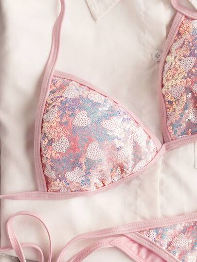 Swim Mod Bộ đồ bơi 2 mảnh, thích hợp cho kỳ nghỉ hè/xuân ở bãi biển, gồm áo tam giác buộc dây cổ hình trái tim đính sequin và quần bikini buộc dây bên hông, kiểu dáng gợi cảm dành cho nữ.