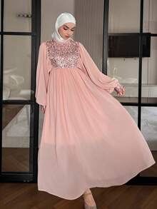 DAZY 女士优雅亮片拼接荷叶边花瓣袖中长连衣裙，夏季 - 淺粉色 - 查看 7