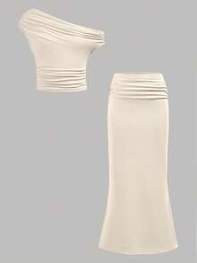 SHEIN Tween Girls Casual Asymmetric Neck Short Sleeve Fitted T-Shirt Set - Apricot - View 1