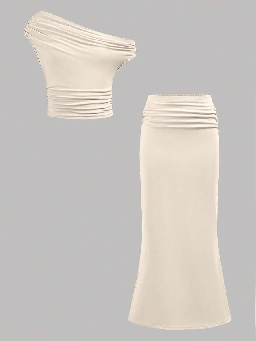 SHEIN Tween Girls Casual Asymmetric Neck Short Sleeve Fitted T-Shirt Set - Apricot - View 1