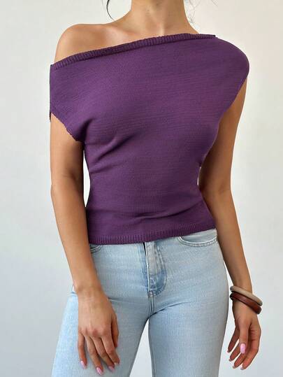 Firerie Women's New Loose Casual Minimalist Asymmetrical Shoulder Knit Short Sleeve Sweater Top, Sexy Simplistic Blouse, Purple Color, Trending Hue, Flattering & Slimming, Spring/Summer Wear, Elegant, Commute, Date, Work, Back To School, Vacation, Beach, Comfortable