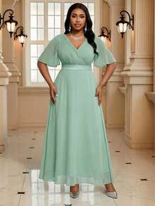 Fleurora 大码纯色常规肩部荷叶边下摆裹腰短袖夏季连衣裙 - 薄荷綠 - 查看 5