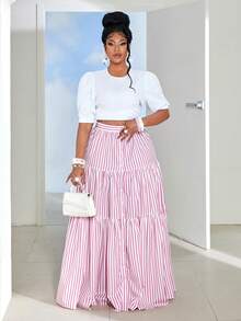 Maweii Plus Size Colorful Striped Open Front Elegant Date Skirt - Pink - View 4