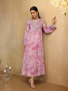 Al Najma Women's Purple Tie Dye Print Dress With Embroidery, Beaded Lace Trim, Loose Waist Design, Elegant & Slimming - Dusty Pink - View 5