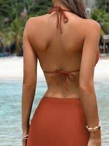 Swim Chiccia Solid Color Metal Decor High Slit Skirt Coverup Long Skirt With Slit Beach Cover Up Skirt Bikini Cover Up Skirt Swimsuit Cover Up Skirt Long Brown Skirt - Redwood - View 5