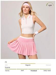 CourtClass 2pcs/Set Women's Summer Contrast Trim Cropped Tank Top And Pleated Mini Skirt Tennis Outfit - Multicolor - View 4