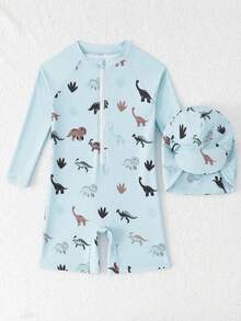SHEIN Young Boy Dinosaur Print Zip-Up Long Sleeve Rash Guard Swimsuit Set With Hat - Multicolor - View 4