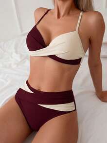 SHEIN Swim Bộ bikini hai màu phối chéo dành cho nữ, kiểu dáng nghỉ dưỡng biển, bộ đồ bơi 2 mảnh dành cho nữ. - Nhiều màu - Xem 3