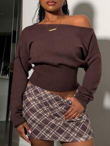 Tyla Gomez 女士秋冬露肩长袖紧身罗纹棕色毛衣 - 棕色 - 查看 3