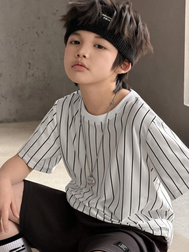 Tween Boy Striped Crew Neck Short Sleeve T-Shirt And Shorts Casual Set