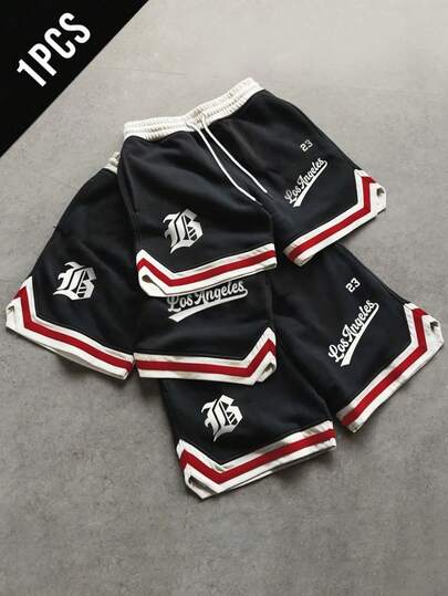 Sport MetroGents Men's Summer Striped Letter Print Drawstring Waist Sports Shorts
