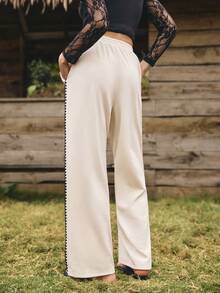SHEIN Unity Pantalones rectos casuales de mujer con bolsillos, conjunto de pantalones rectos con cintura de cordón y bolsillos, de tela a rayas, para uso casual, cómodos, de estilo bohemio, adecuados para verano y otoño. Pantalones anchos blancos de mujer, pantalones anchos de verano de estilo bohemio para mujer, pantalones de lino con flecos, casuales, para primavera y verano, para salir - Albaricoque - Ver 2