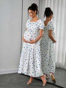 Momance 荷叶边装饰哺乳连衣裙，短袖方领，双层设计，褶皱下摆，多层蛋糕裙，数码印花连衣裙 - 藍白色 - 查看 5