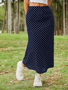 SHEIN EZwear 藏蓝色波点网纱透视长裙，女士休闲度假装，春夏款 - 藏蓝色 - 查看 4