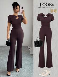 SHEIN Elenzya Twist Hollow Out Bodycon Jumpsuit With Short Sleeves, Cinched Waist, Flared Leg, Commuting & Date Outfit, Sexy Vibe, Figure Flattering - Coffee Brown - View 7