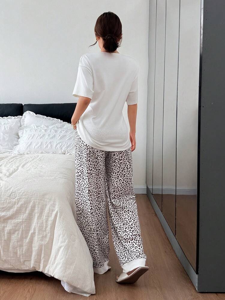 Lace Patchwork Loose Cardigan Top & Leopard Print Trim Pajama Pants Women Sleepwear Set