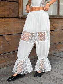 Muchica Women's Casual Daily Contrast Mesh Floral Embroidery Ruffle Hem Long Pants - White - View 3