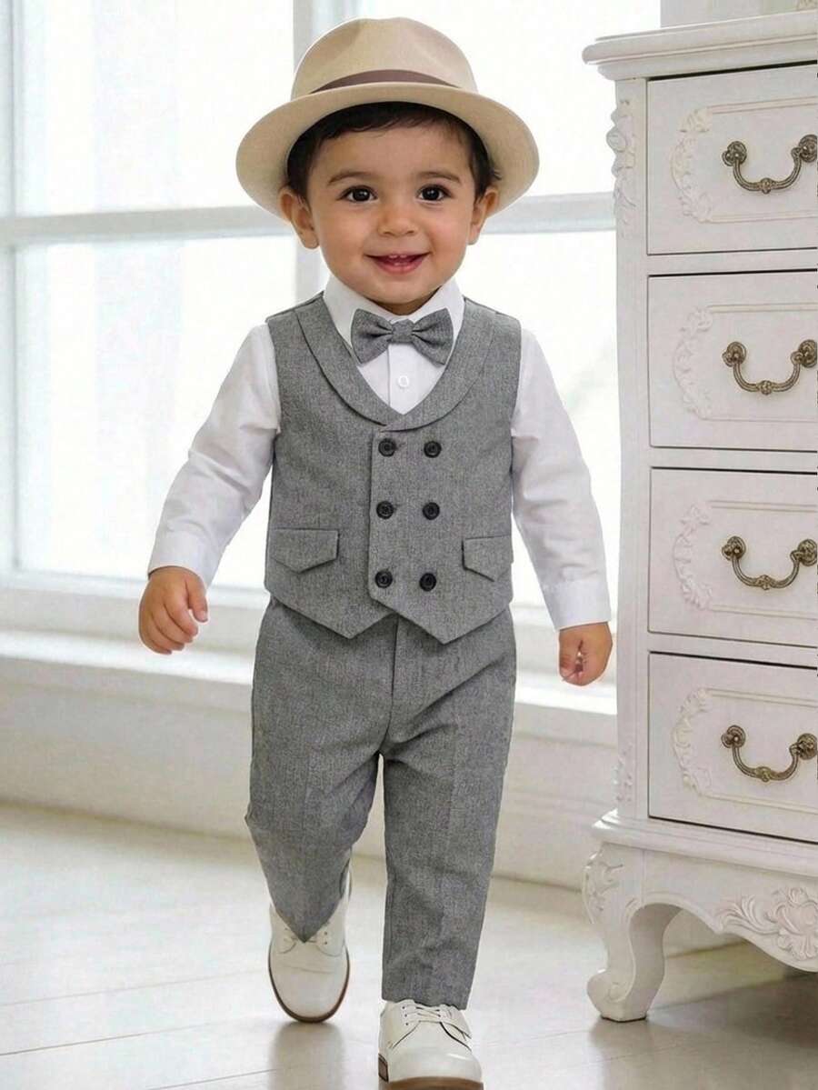 SHEIN 男婴幼儿套装,3件套,灰色背心、白色长袖衬衫和长裤,适合室内、室外、日常、运动、派对、拍照、节日、婚礼、洗礼、一周岁生日、迎婴派对等正式场合,优雅大方,可作婚礼宾客、花童、戒指童穿着。 - 灰色 - 查看 1