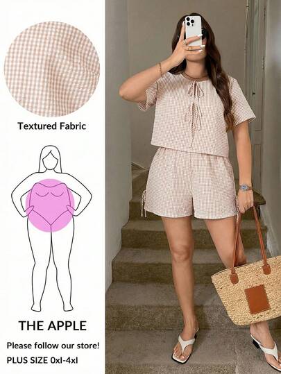 SHEIN LUNE Plus Size Women's Plaid Print Back To School Outfits Women Front Tie Shirt Business Casual Woman Curve With Shorts Homecoming 2 Pieces Set Fall Clothes For Women Old Money Style Women Bohemian 2 Pieces Set For Women Two Piece Set Plus Casual Two Piece Set Short Sets For Women Vacation Two Piece Set Curve Curve Summer Outfit